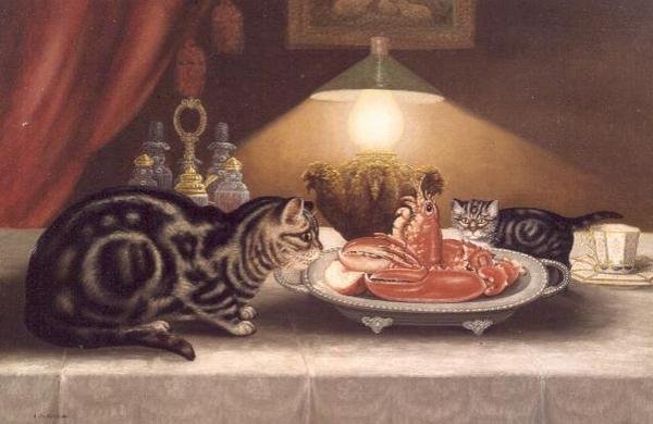 Nature morte de chats et un homard - A. Jackson