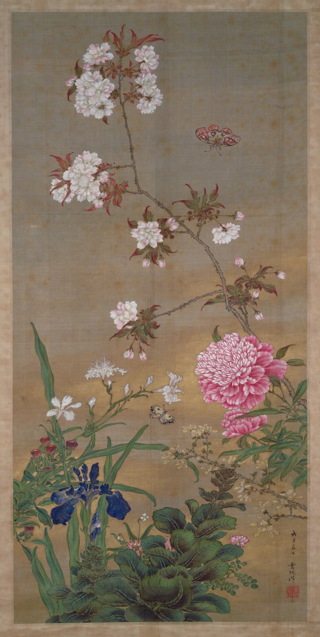 Pivoine, iris, fleur de cerisier et un papillon, 1828 - Abe Kan Torin