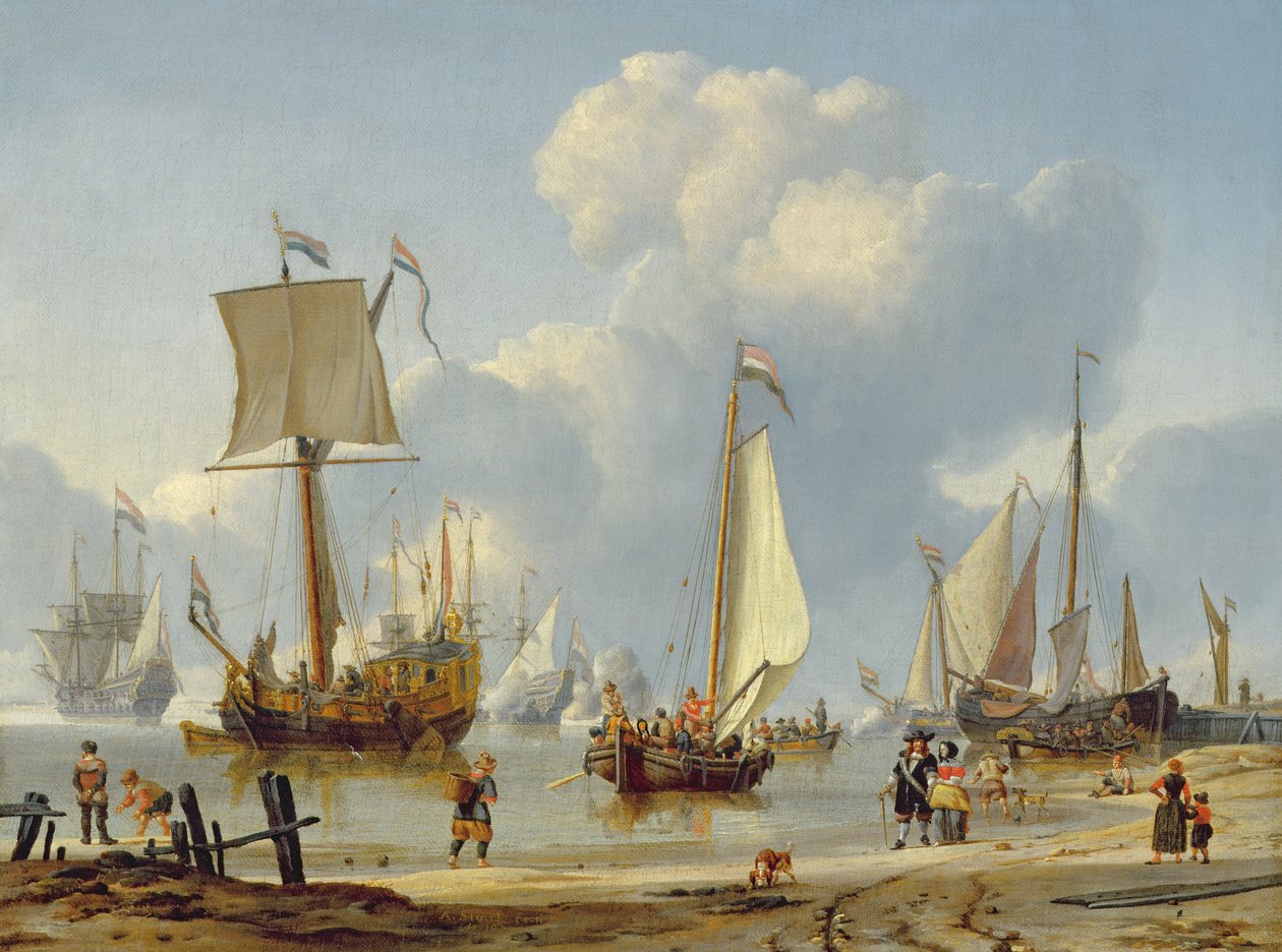 Navires en eau calme avec des figures sur le rivage - Abraham Storck