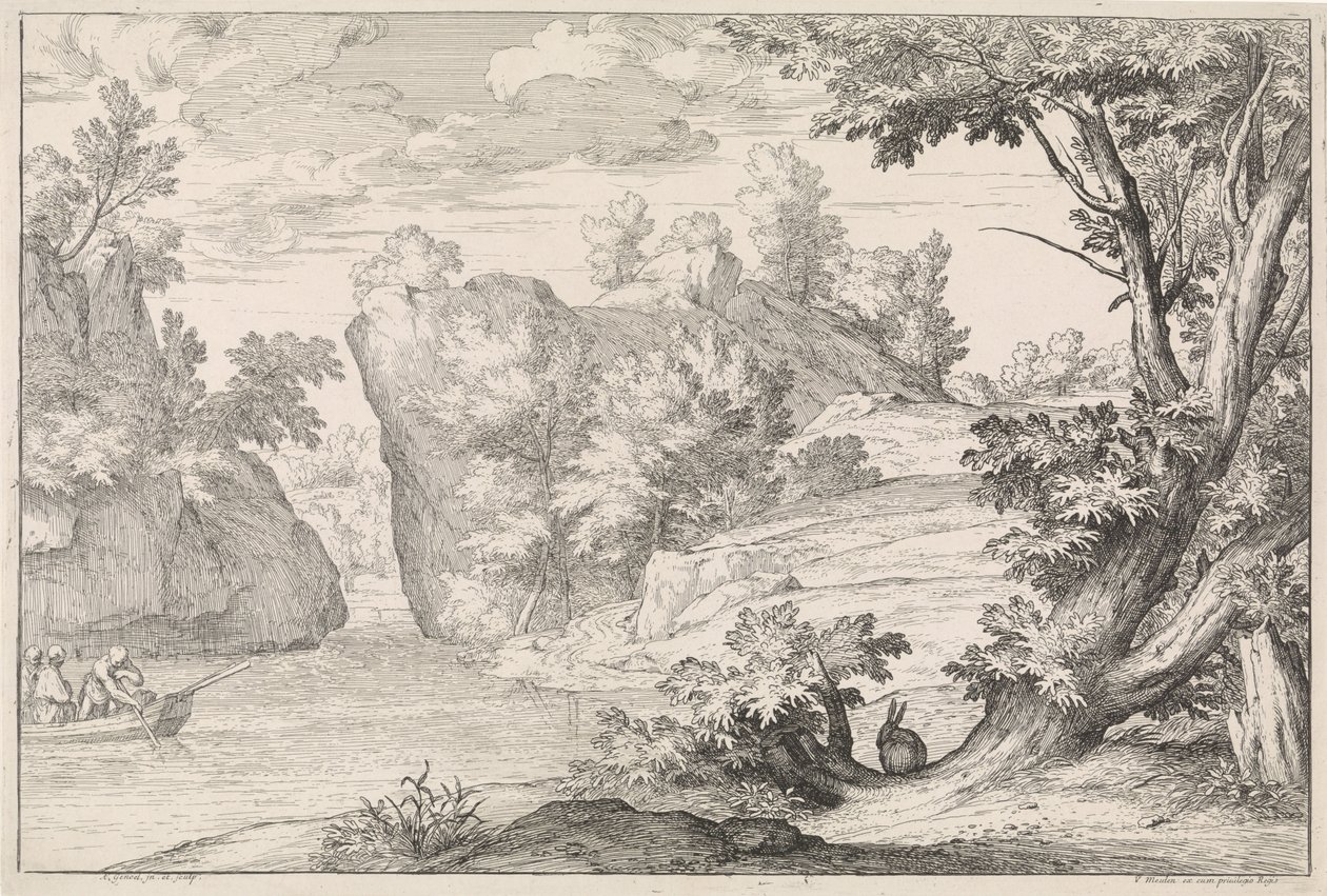 Paysage fluvial avec un lièvre - Abraham Genoels
