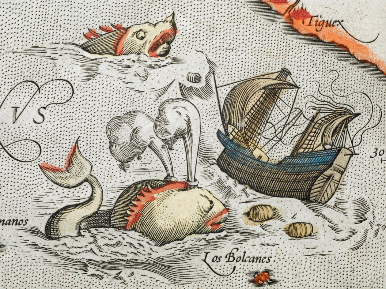 (Détail). Monstres marins attaquant un navire. - Abraham Ortelius