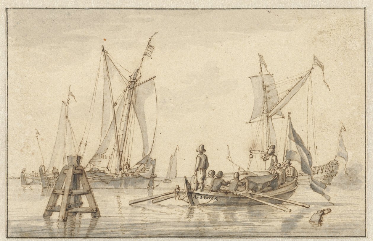 Mer calme avec quelques bateaux - Abraham Storck
