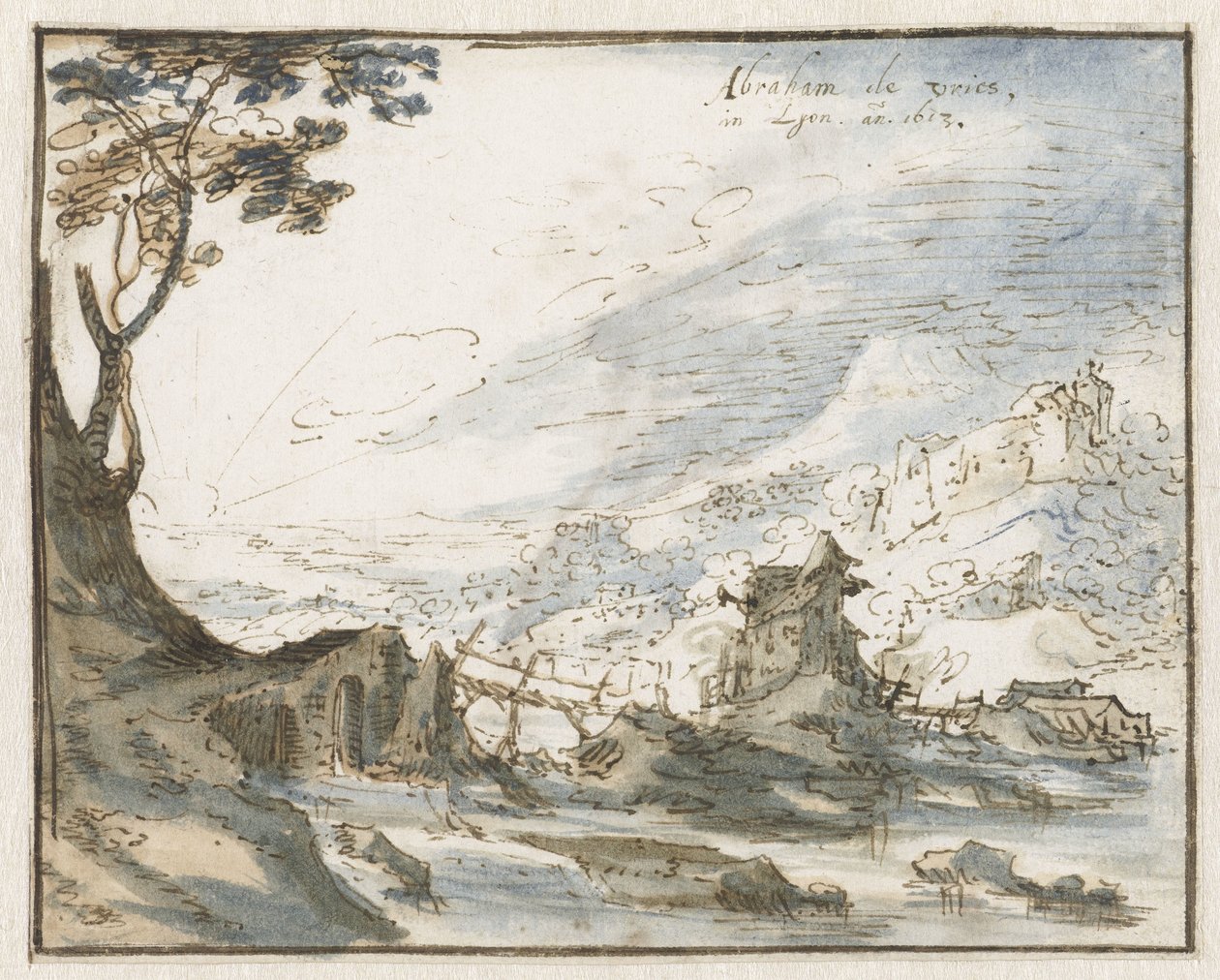Paysage montagneux avec un pont en bois - Abraham de Vries