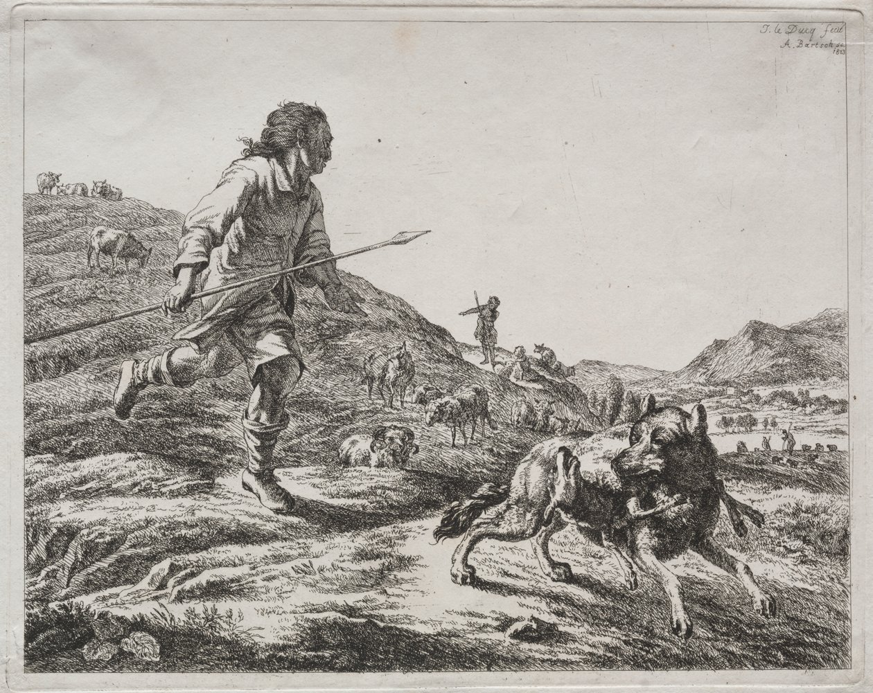 Berger chassant un loup - Adam von Bartsch