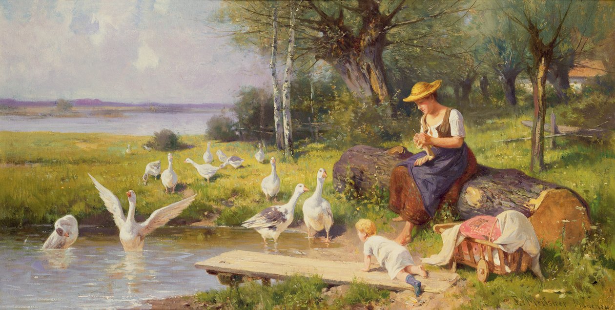 Mère et enfant avec des oies - Adolf Ernst Meissner