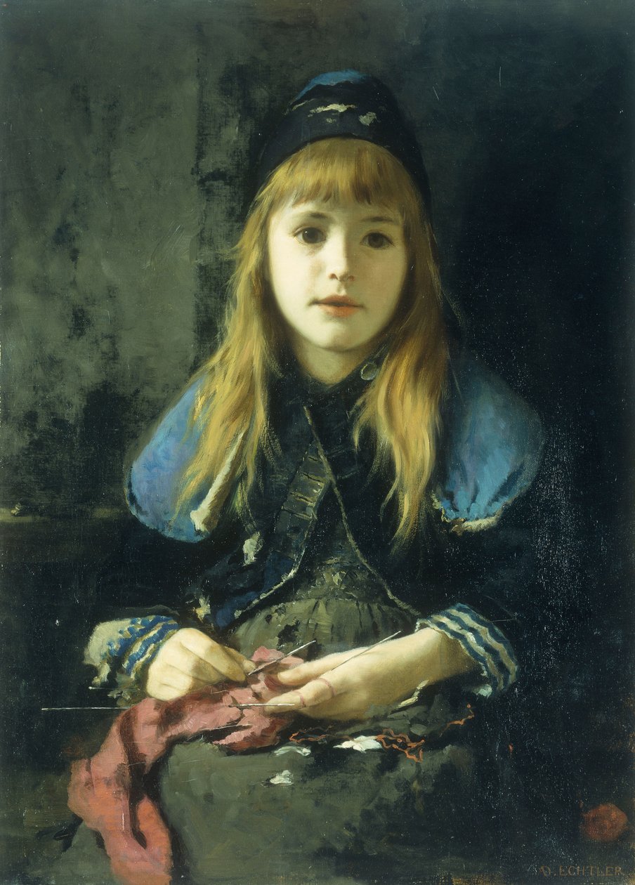 Une jeune fille tricotant - Adolf Echtler