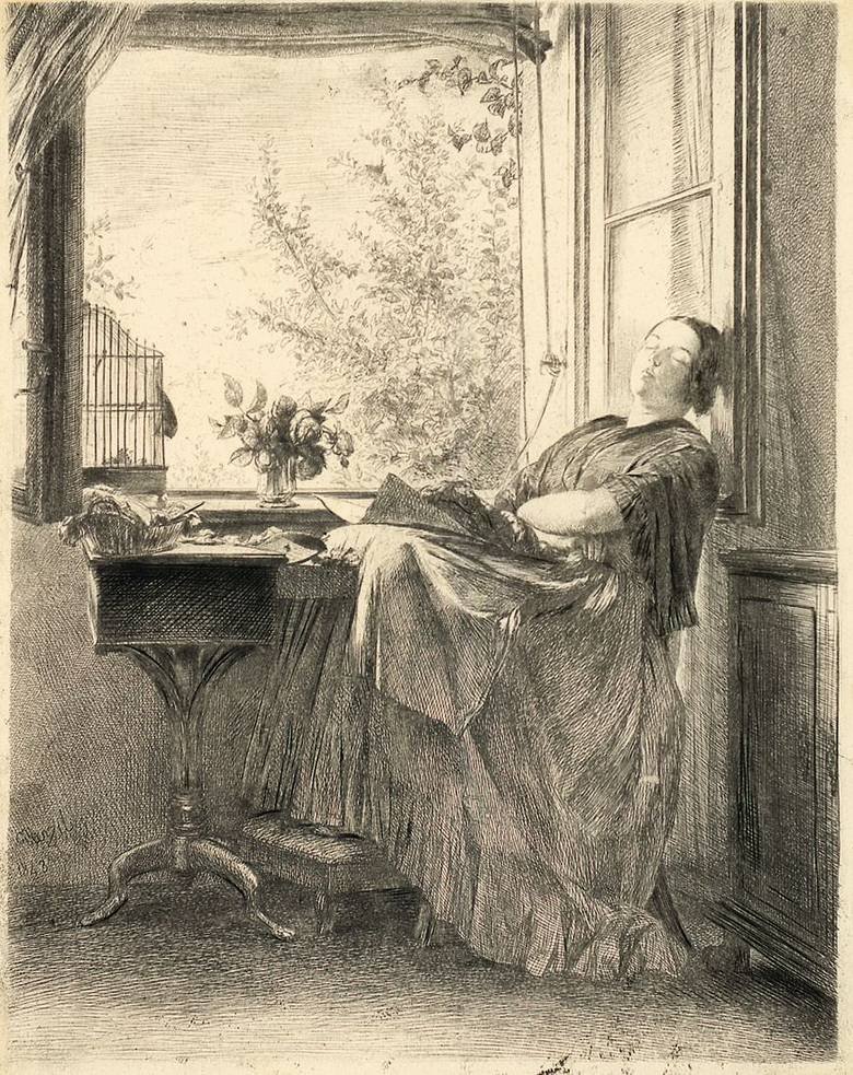 La couturière endormie à la fenêtre - Adolph Menzel