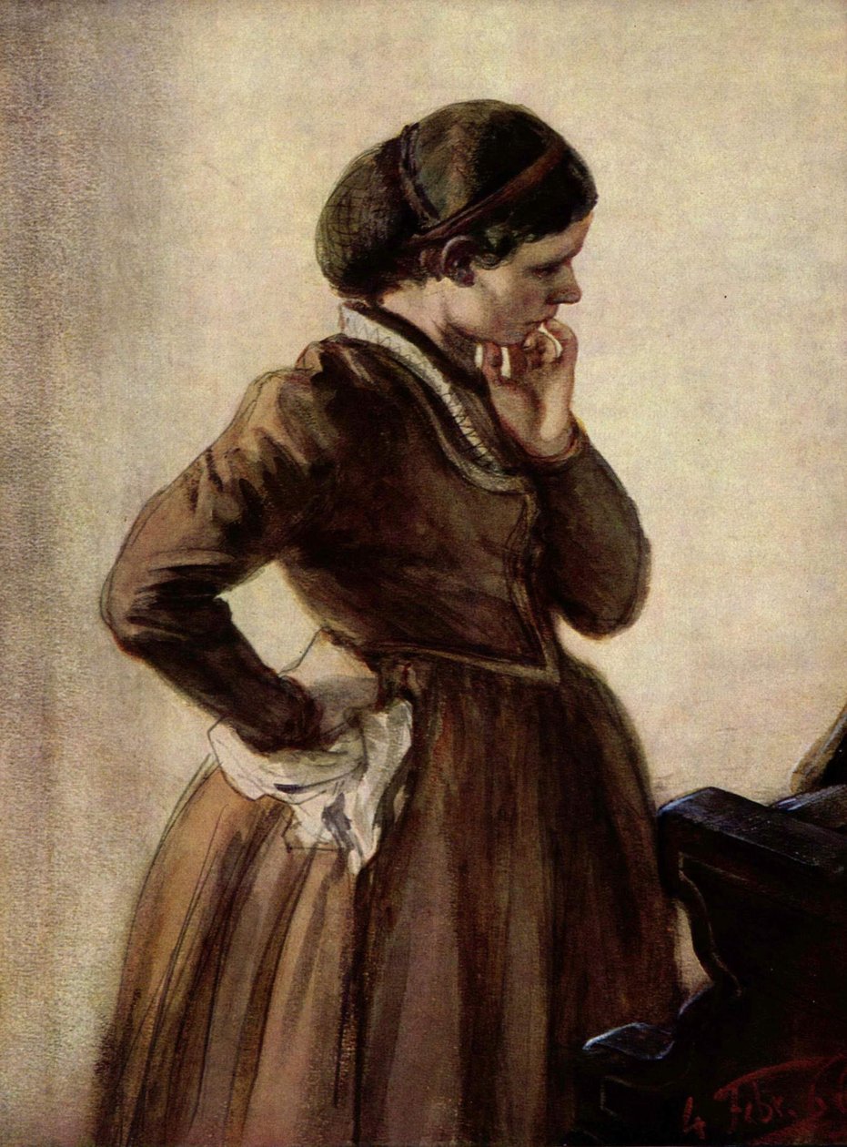 Emilie Menzel debout au piano - Adolph Menzel