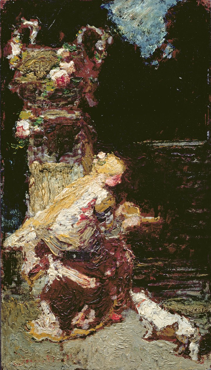 Jeune fille avec un chat - Adolphe Joseph Thomas Monticelli