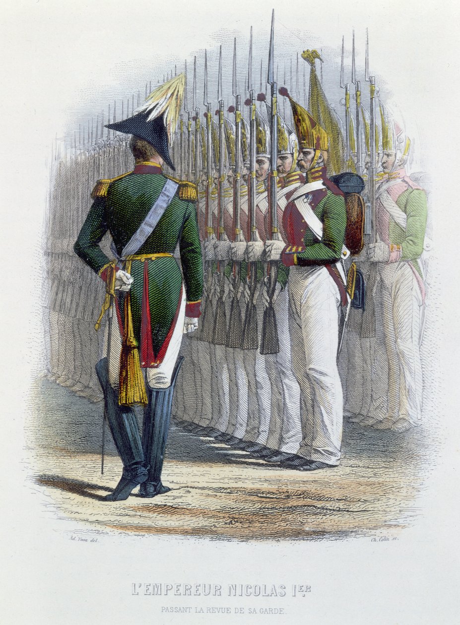Le tsar Nicolas Ier de Russie inspectant ses gardes au garde-à-vous - Adolphe Yvon