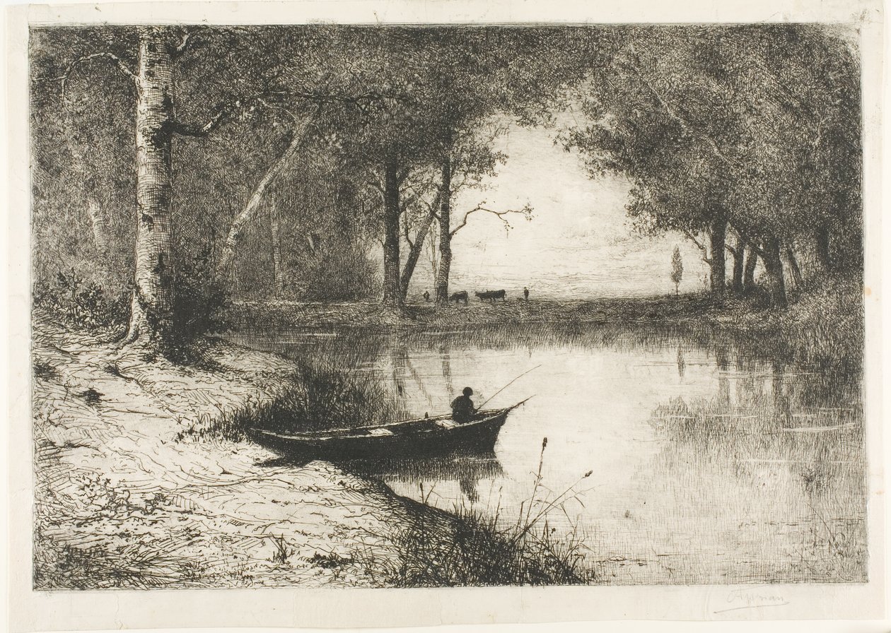 Pêcheur dans un bateau au bord de la rivière - Adolphe Appian