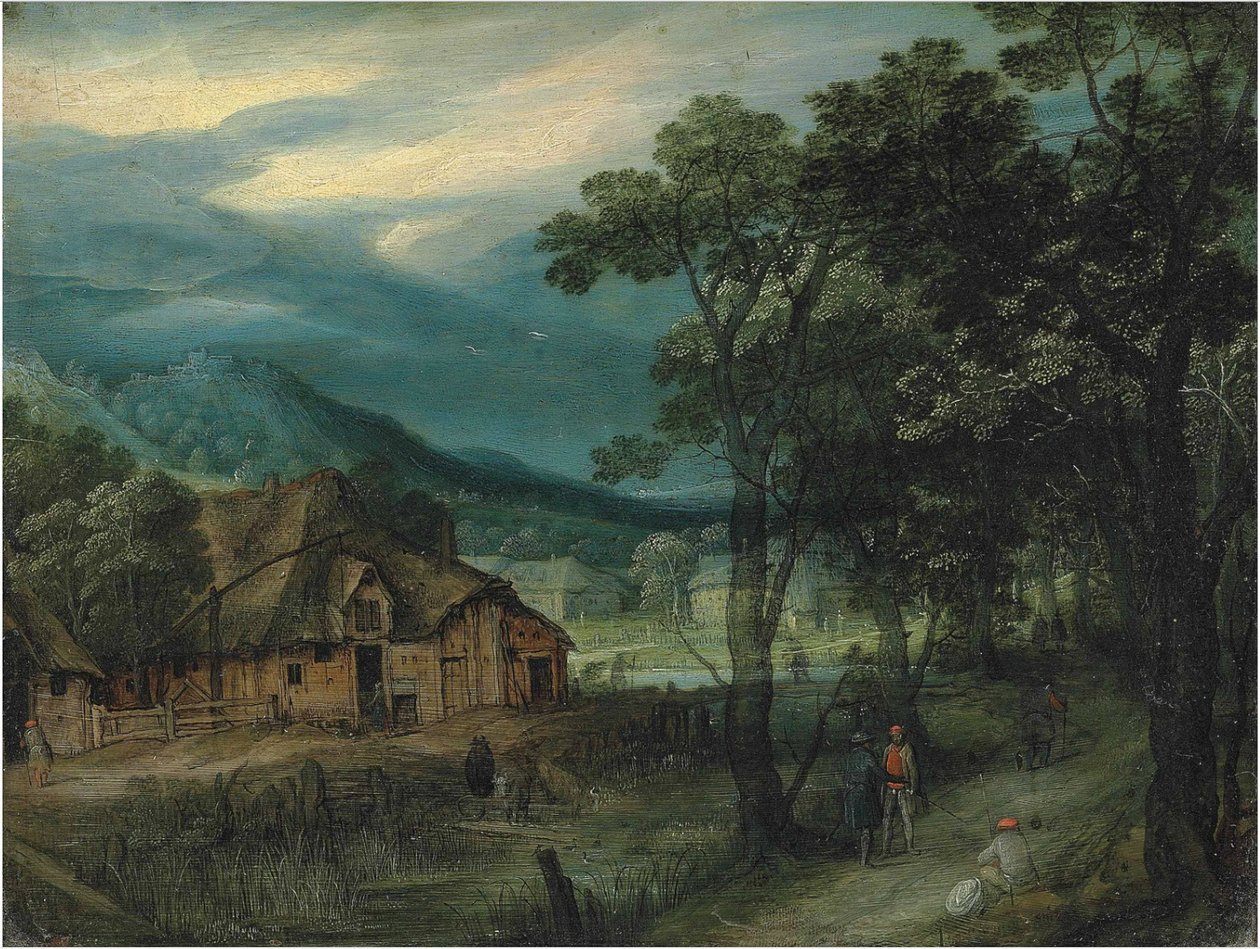Paysage boisé avec des voyageurs sur un chemin près d