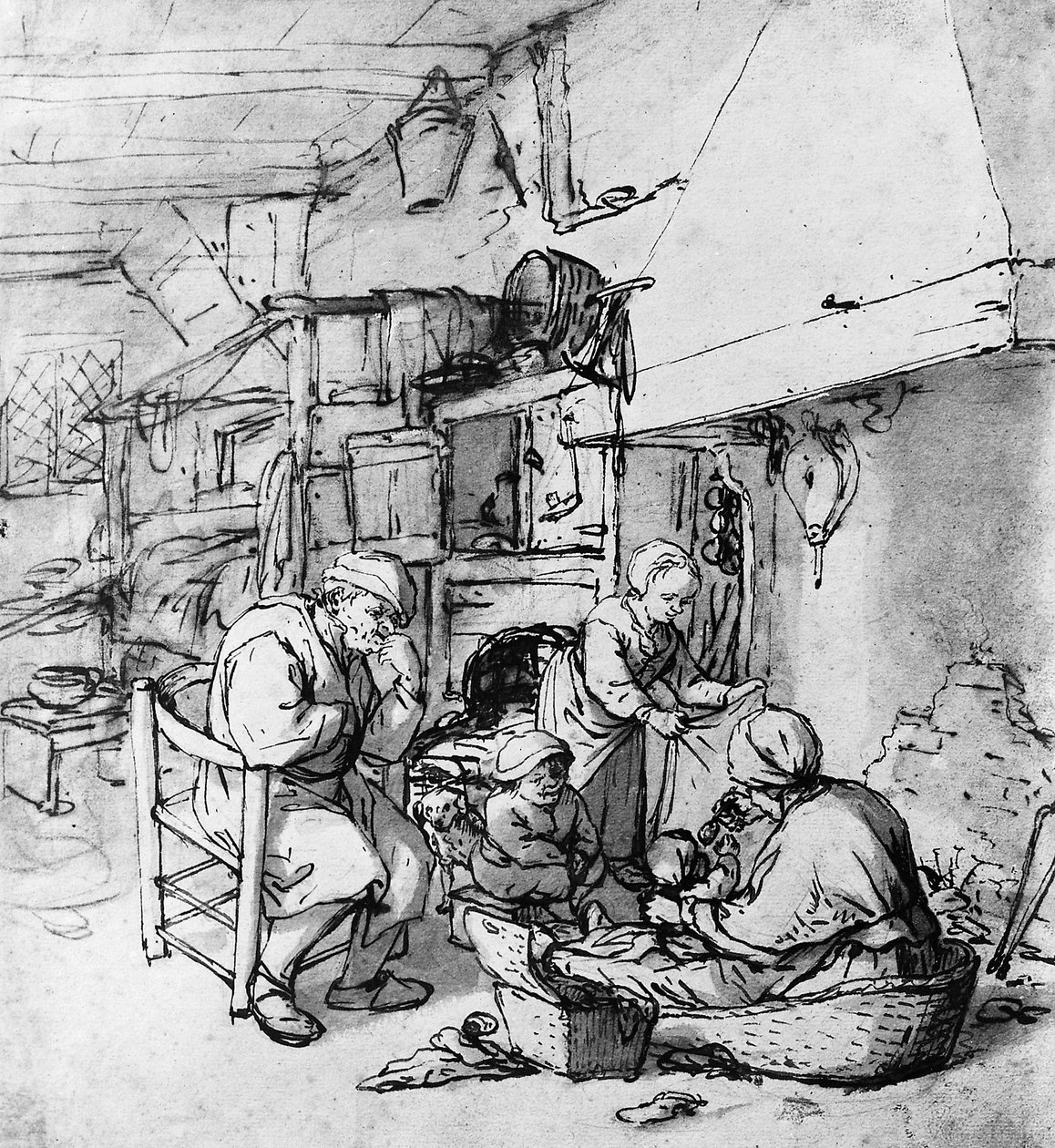 Mère nourrissant un nouveau-né avec une cuillère - Adriaen Jansz. van Ostade