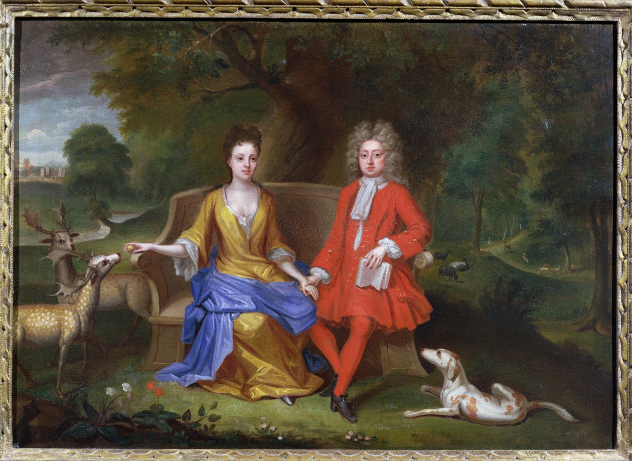 Portrait de Sir Charles Shuckburgh et de sa femme, Diana, avec Shuckburgh Hall, Warwickshire en arrière-plan, vers 1690 - Adriaen van Diest