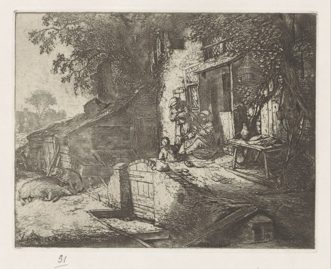 Femme filant devant une maison - Adriaen van Ostade