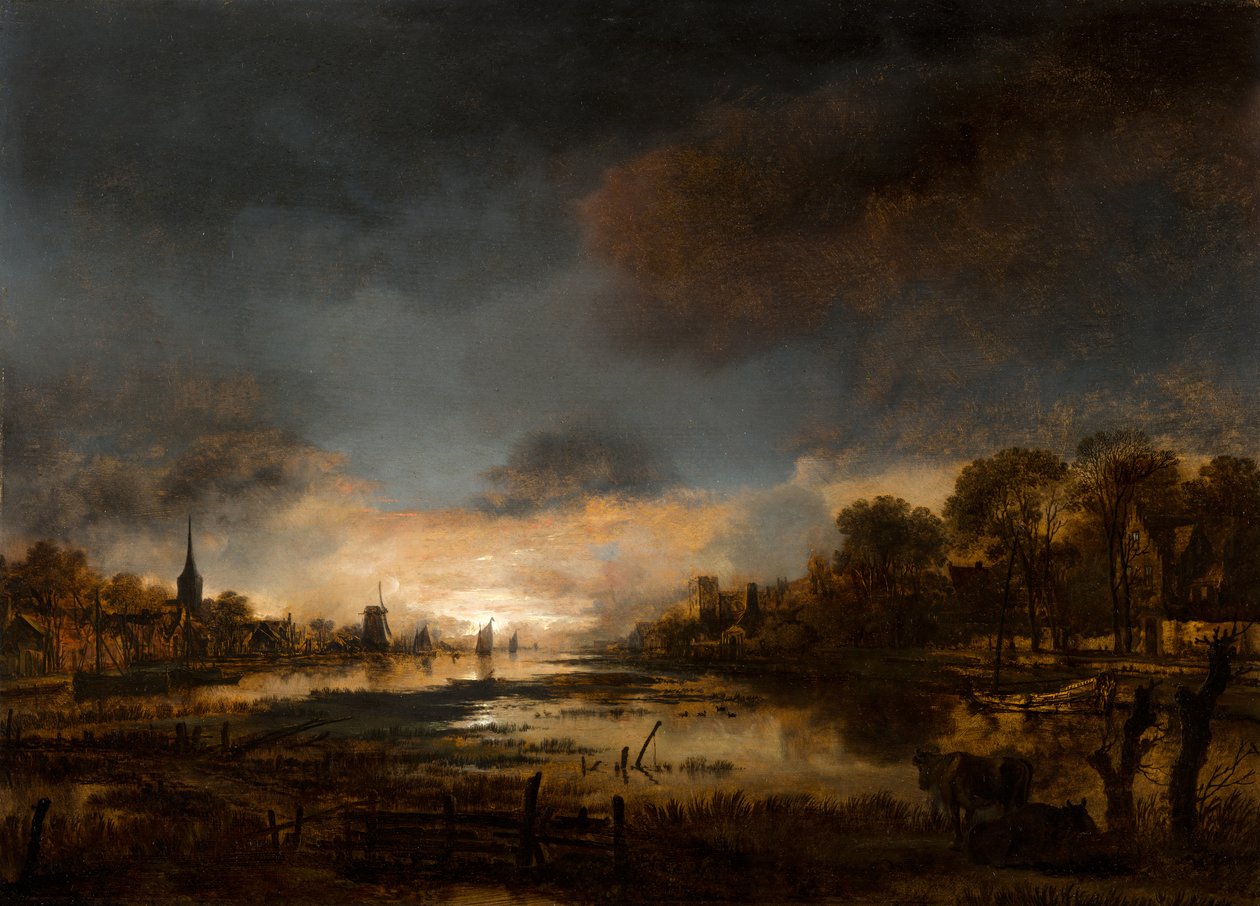 Paysage fluvial au coucher du soleil - Aert van der Neer