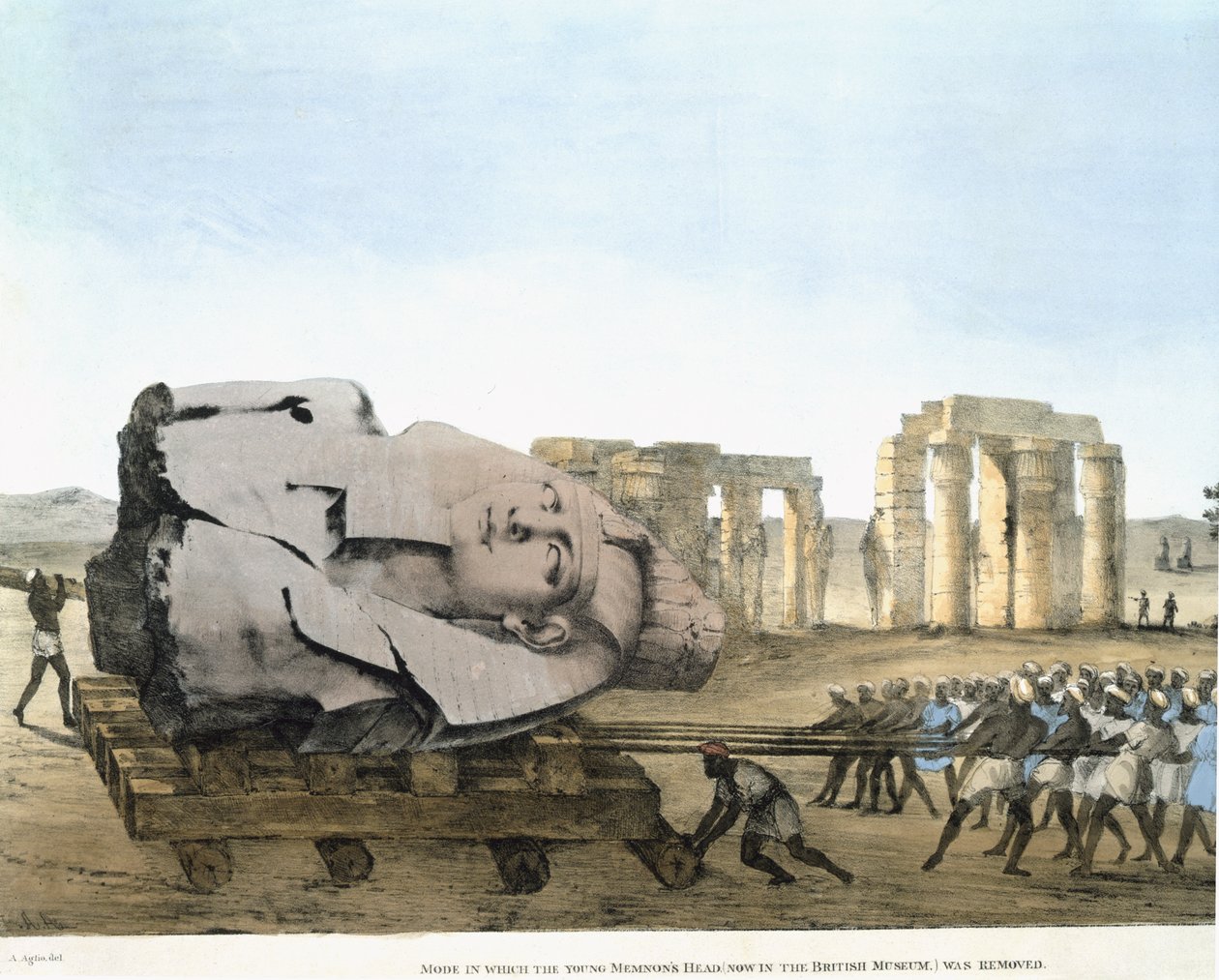Mode de retrait de la tête du jeune Memnon, des Planches illustratives des Recherches en Égypte et Nubie. Belzoni, Giovannie Battista. Aglio, Agostino (1777-1857) Publié 1820-22 - Agostino Aglio
