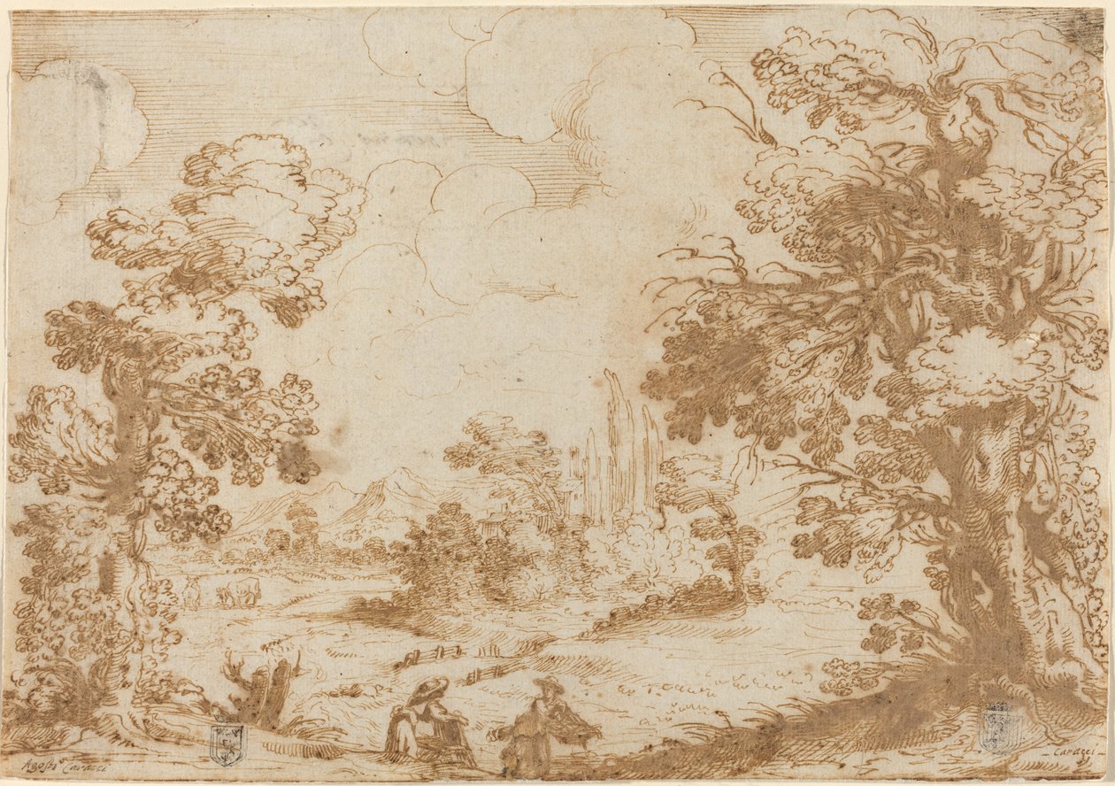 Paysage avec deux lavandières - Agostino Carracci