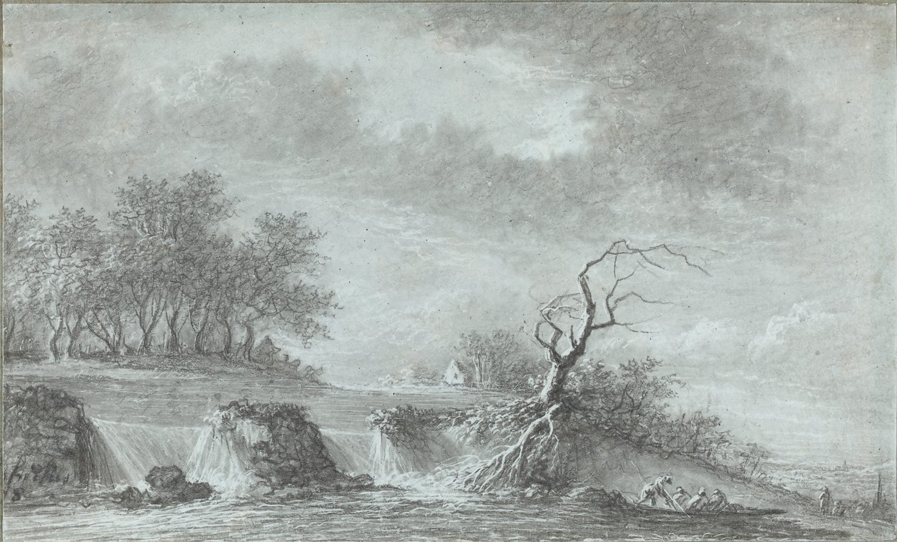 Paysage Fluvial avec une Cascade - Aignan Thomas Desfriches