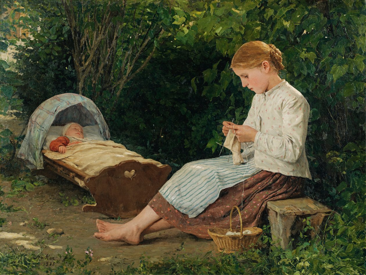 Fille tricotant, gardant un jeune enfant dans le berceau - Albert Anker