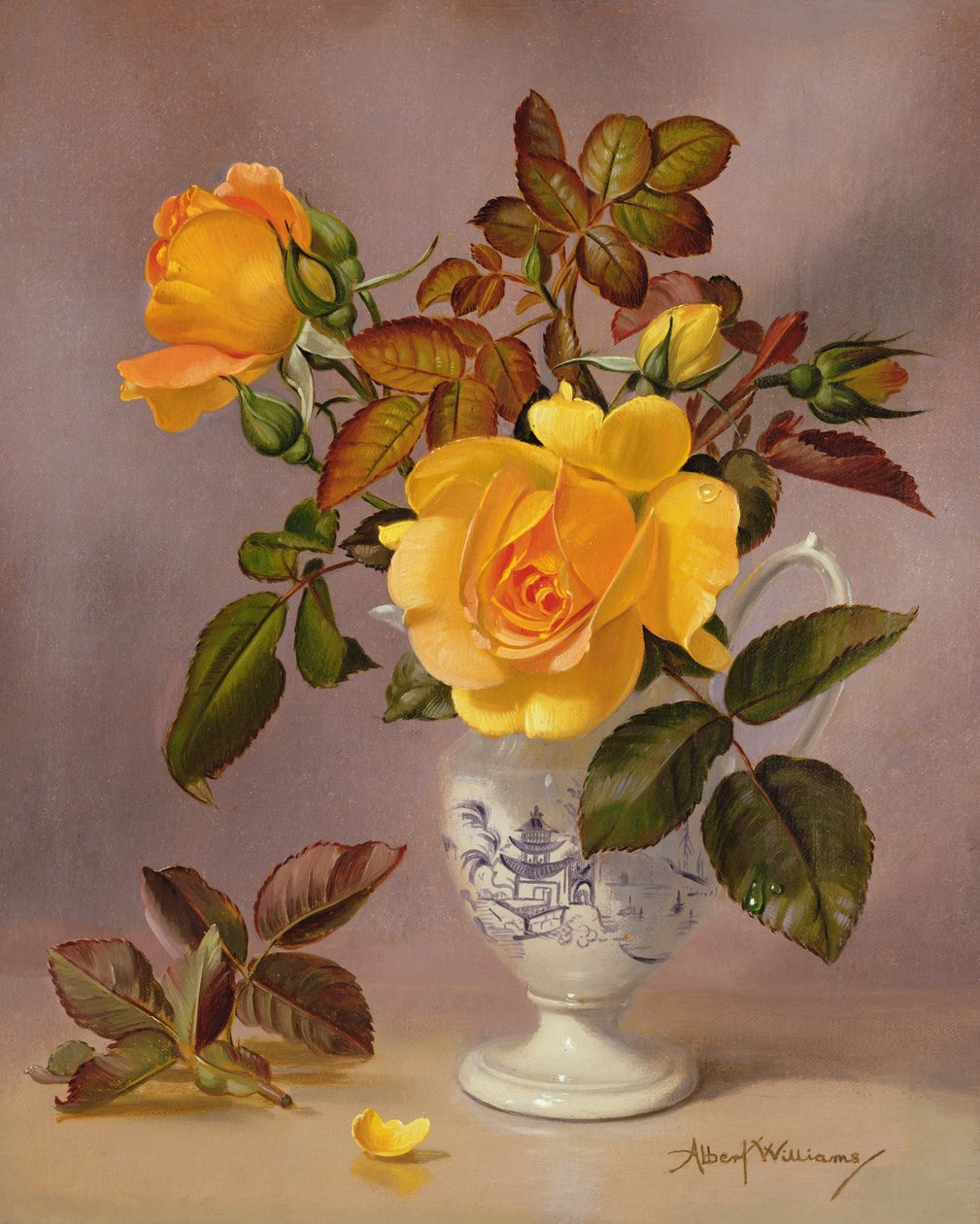 Roses oranges dans une cruche bleue et blanche - Albert Williams