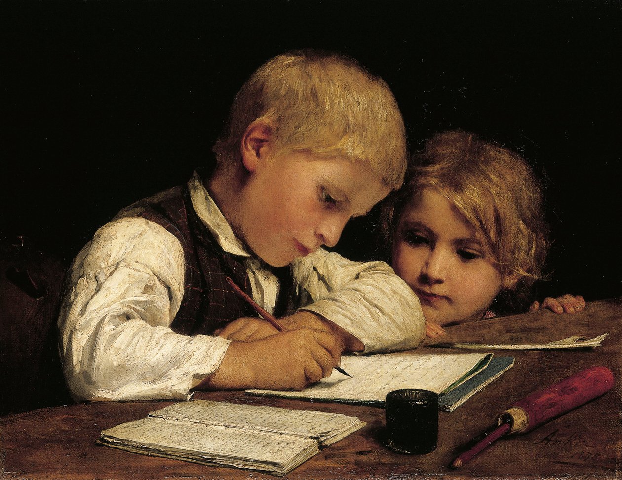 Garçon écrivant avec sa sœur - Albert Anker