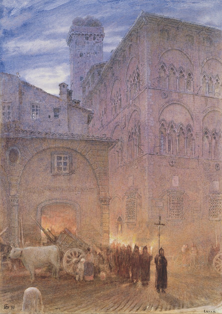 Lucques; Toscane; procession religieuse; charrette; vache; - Albert Goodwin