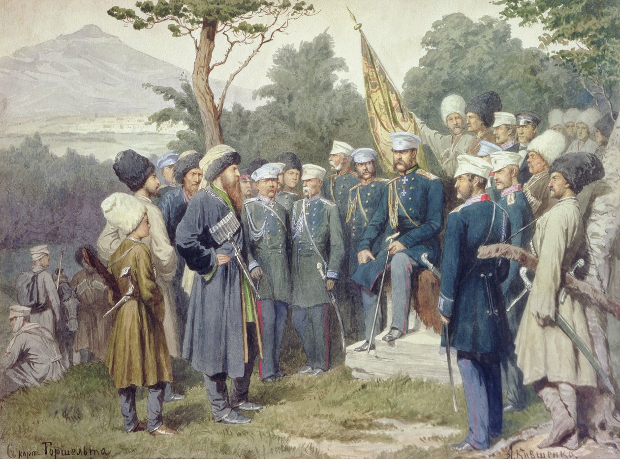 Le chef caucasien Chamil (vers 1798-1871) se rendant au comte Bariatinsky en 1859, 1880 - Aleksei Danilovich Kivshenko