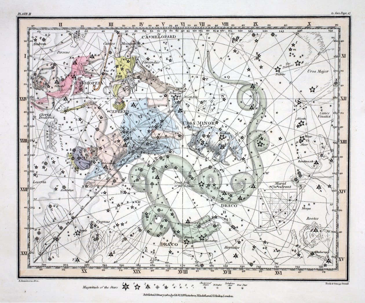 Les Constellations (Planche II) Ursa Minor, Cassiopée, Tarandus, Céphée, Draco, Custos Messium, de 
