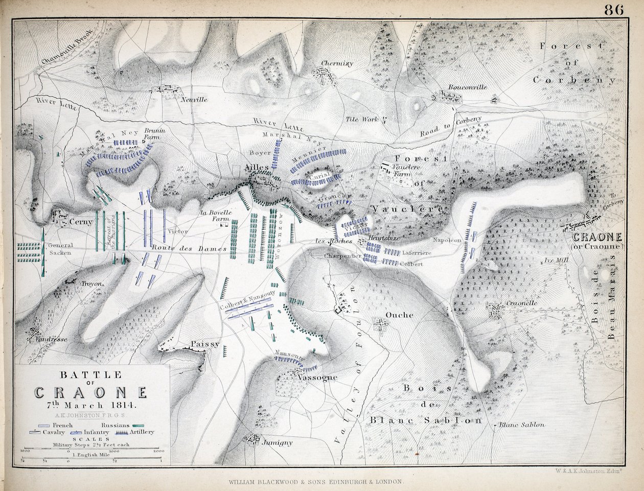 Carte de la bataille de Craonne, publiée par William Blackwood and Sons, Édimbourg et Londres, 1848 (gravure coloriée à la main) - Alexander Keith Johnston