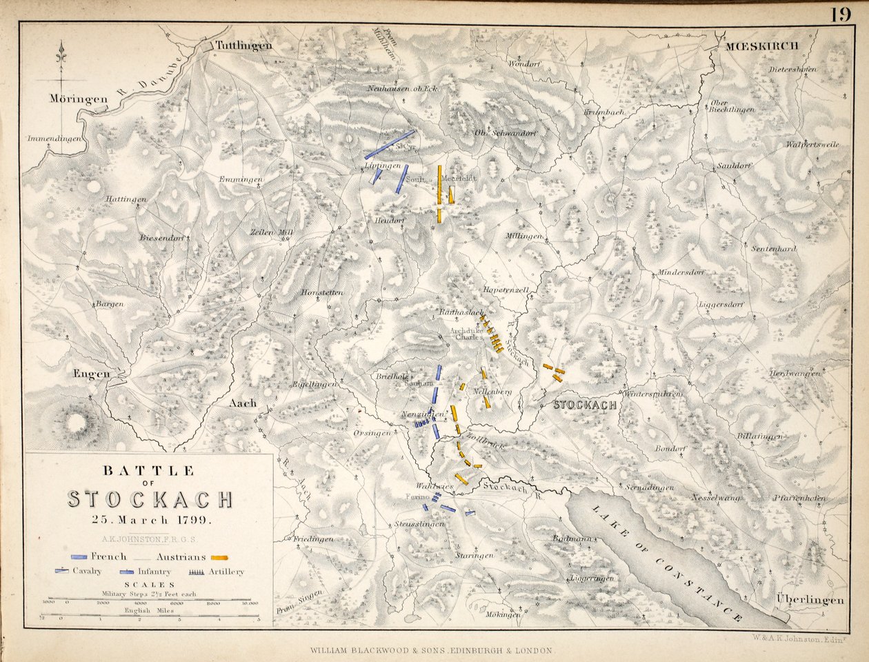 Carte de la Bataille de Stockach, publiée par William Blackwood and Sons, Édimbourg et Londres, 1848 (gravure coloriée à la main) - Alexander Keith Johnston