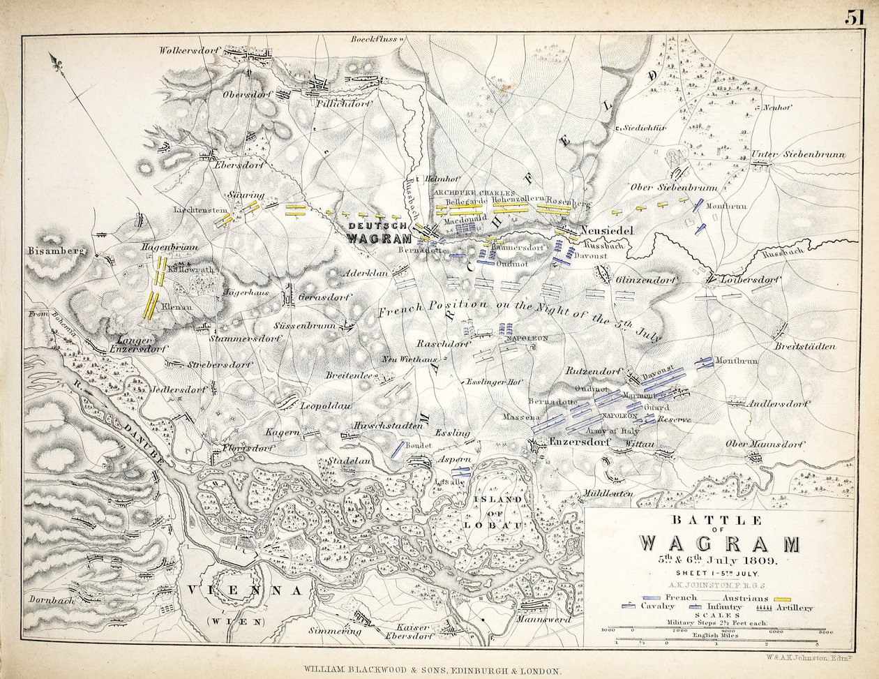 Carte de la bataille de Wagram, publiée par William Blackwood and Sons, Édimbourg et Londres, 1848 - Alexander Keith Johnston