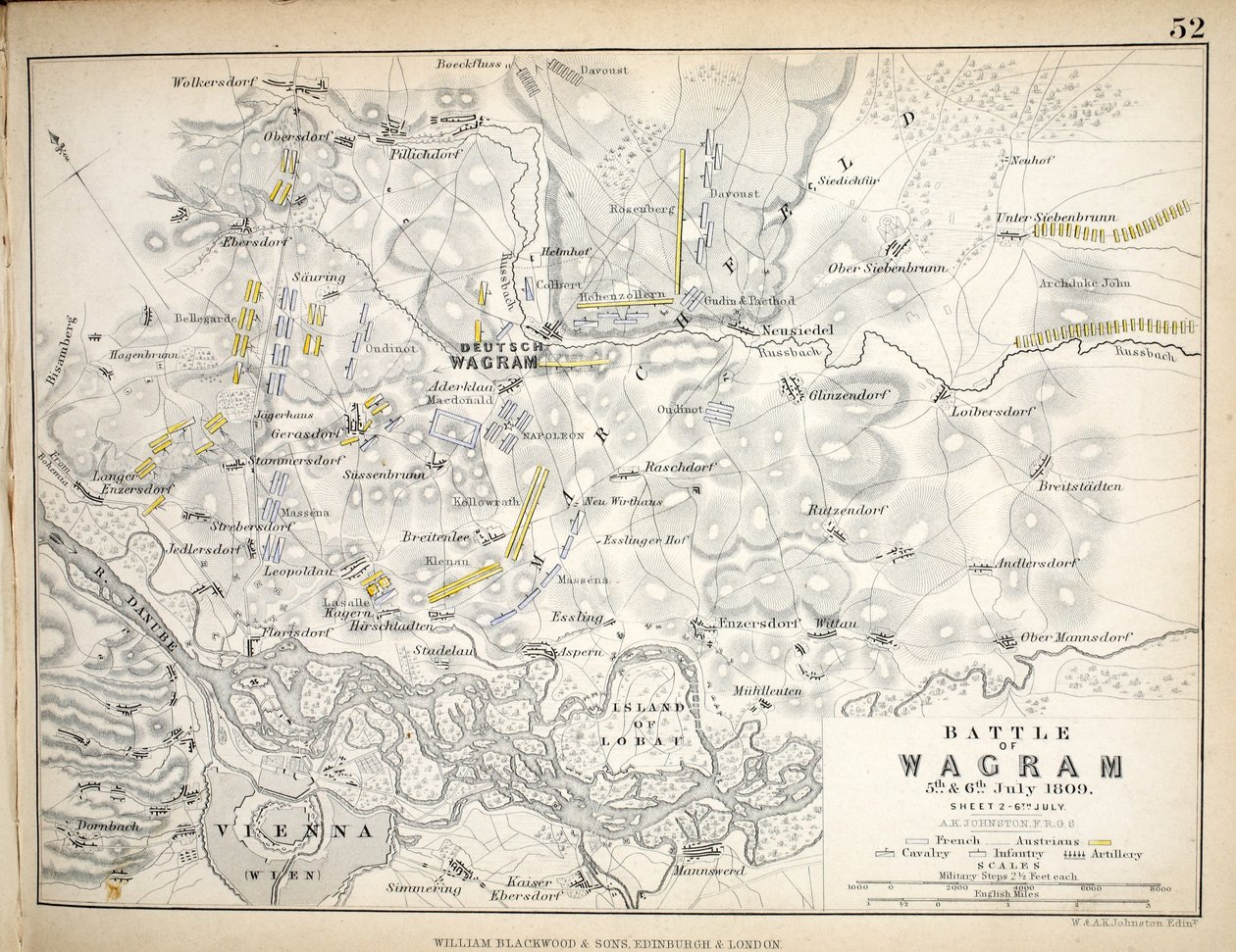 Carte de la Bataille de Wagram, publiée par William Blackwood and Sons, Édimbourg et Londres, 1848 - Alexander Keith Johnston