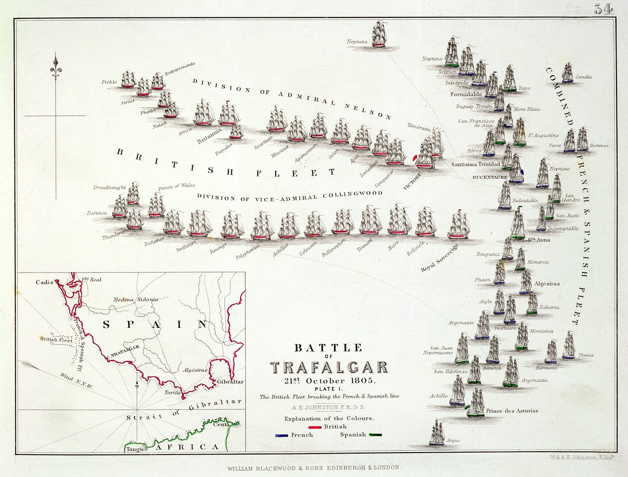 La Bataille de Trafalgar, 21 octobre 1805, Les Britanniques brisant la ligne française et espagnole, c.1830s - Alexander Keith Johnston