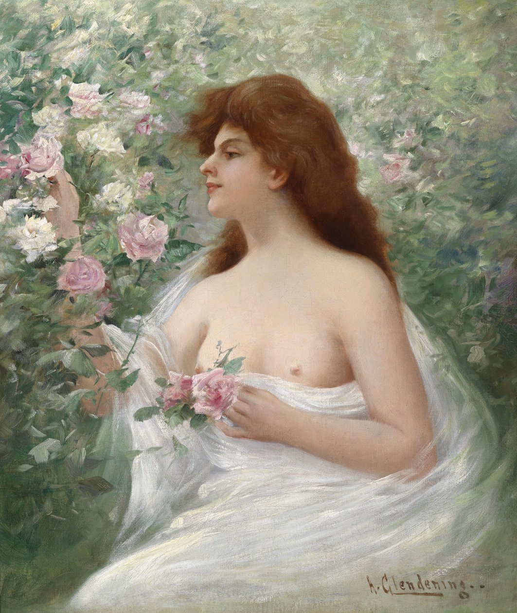 Jeune femme cueillant des roses - Alfred Augustus Glendening