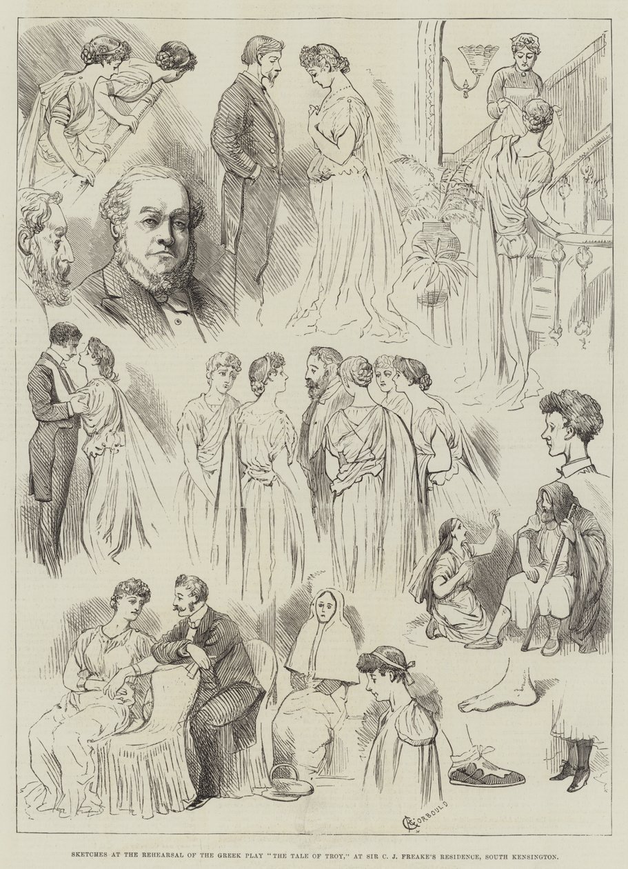 Croquis de la répétition de la pièce grecque Le Conte de Troie, à la résidence de Sir C J Freake, South Kensington - Alfred Courbould