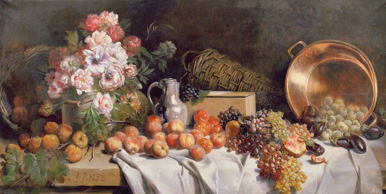 Nature morte avec fleurs et fruits sur une table - Alfred Le Petit