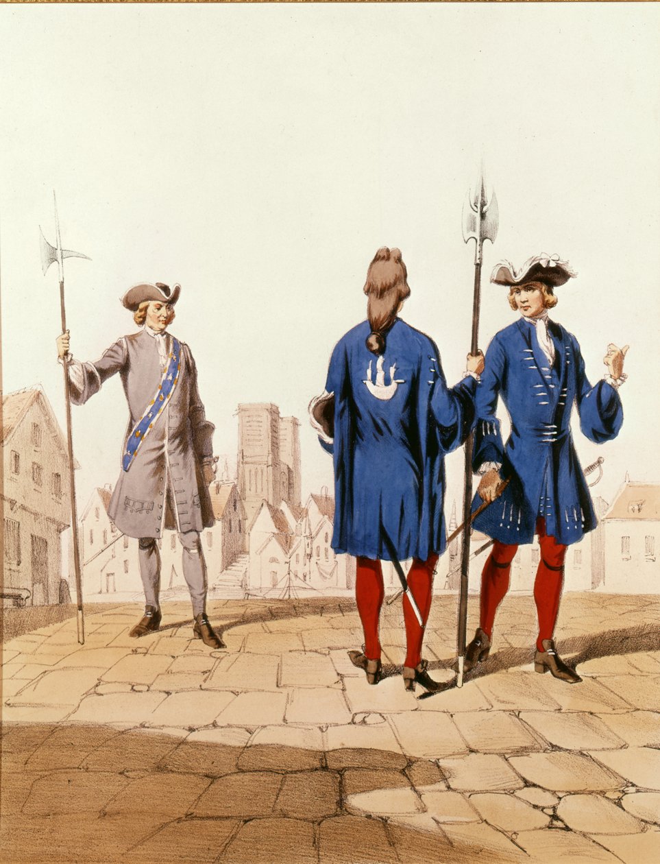 Troupes parisiennes du XVIIIe siècle : Veilleur et archers de la ville en uniforme cérémonial, gravé par D. Noirmont - Alfred de after Marbot