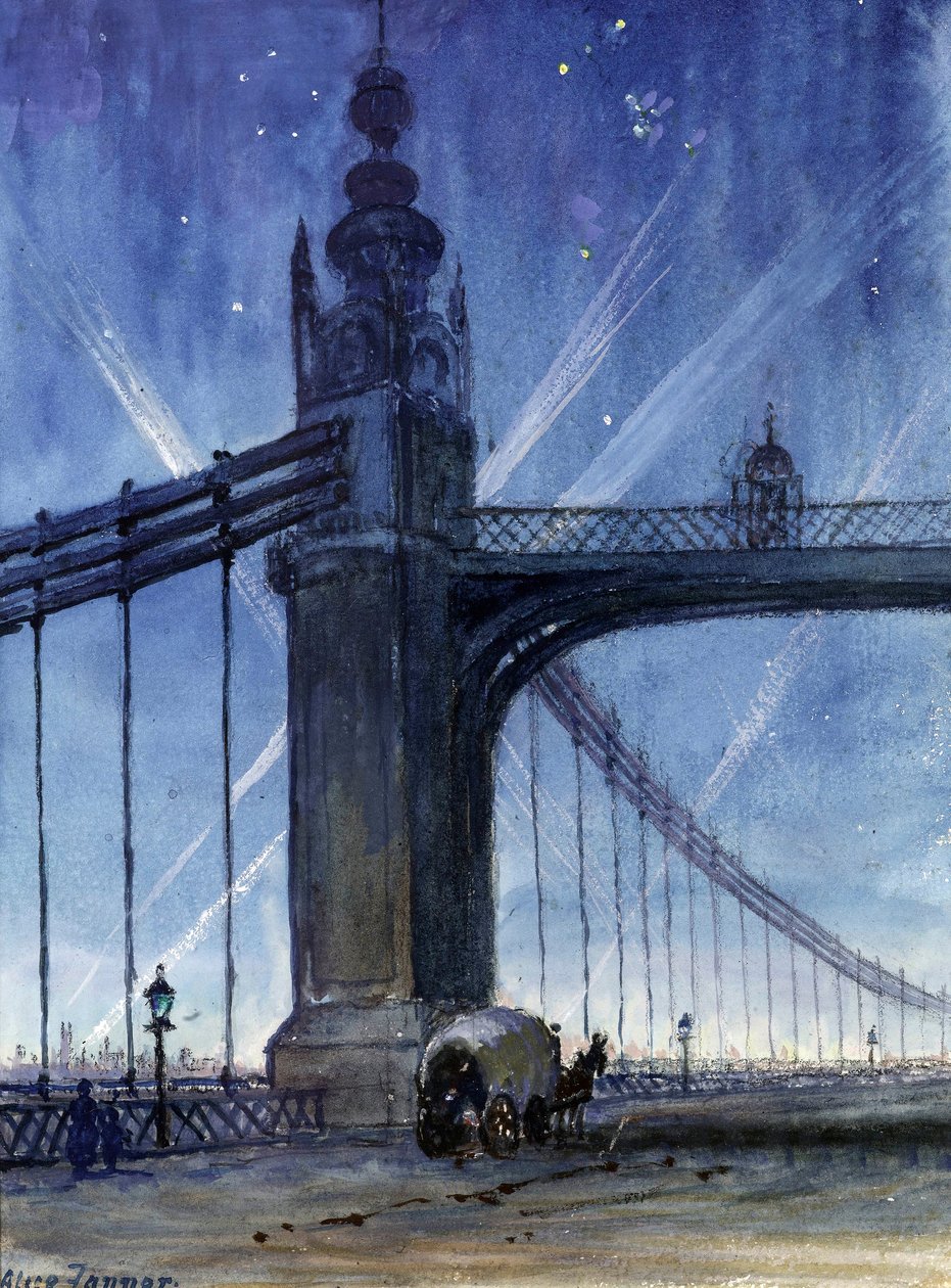 Projecteurs de guerre depuis le pont de Chelsea, c.1917 - Alice Maud Fanner