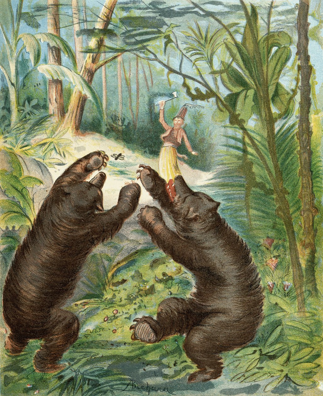 Le baron de Münchhausen lance sa hachette en argent sur les ours, des 