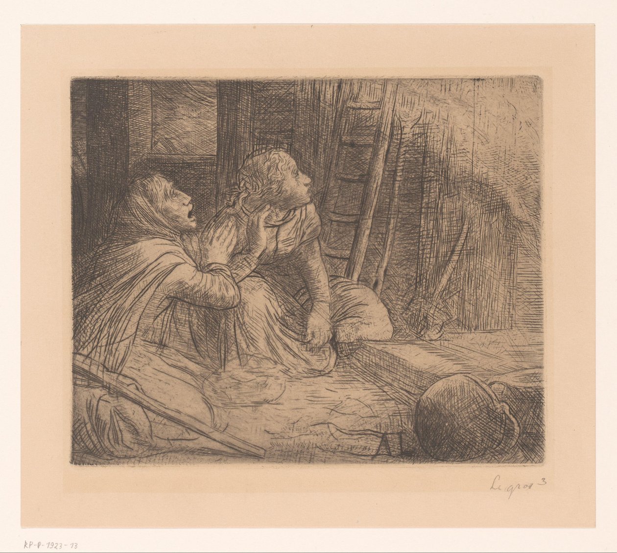 Deux femmes agenouillées regardant en haut - Alphonse Legros (signed by artist)