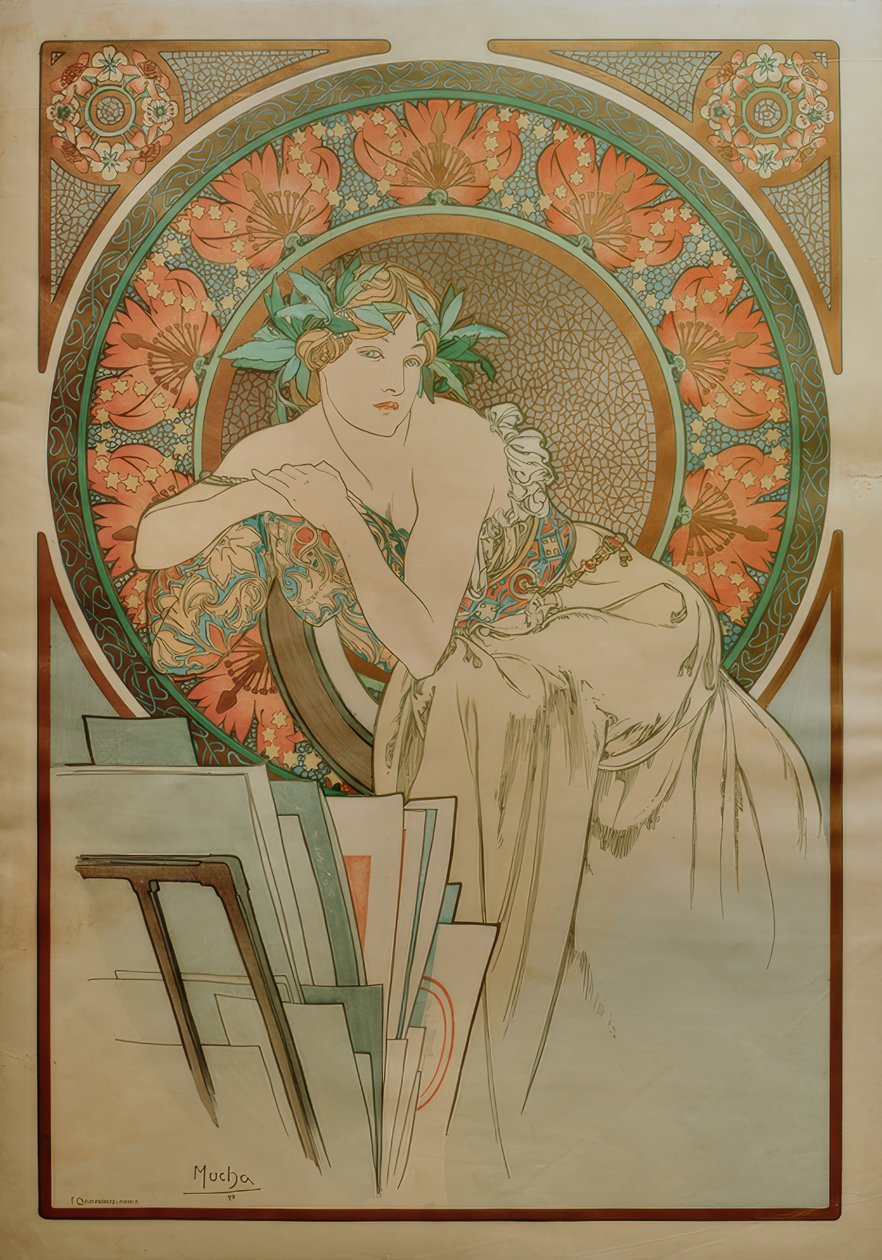 Femme avec coquelicots et portfolio graphique - Alphonse Mucha