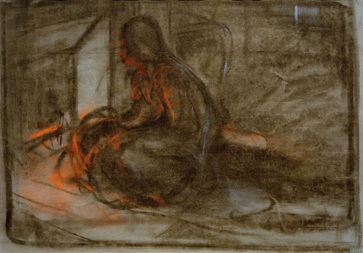 Femme assise devant le feu - Alphonse Mucha