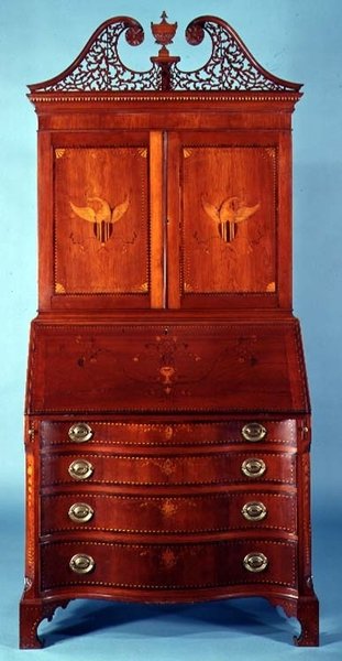 Bureau et bibliothèque, bois de cerisier incrusté d
