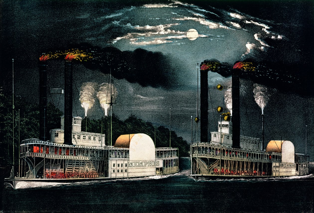 Course de minuit sur le Mississippi, publié par Currier et Ives - American School