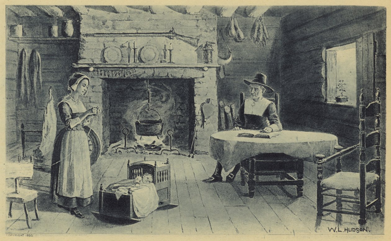 Maison de pionniers de la Nouvelle-Angleterre (litho) - American School