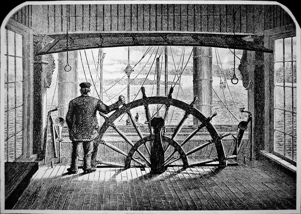 Pilote de bateau à vapeur dans la timonerie, c.1870 - American School