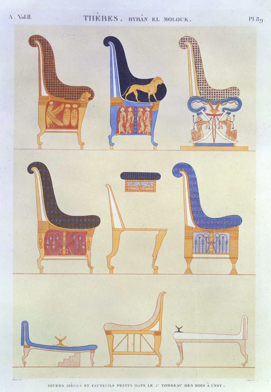 Illustrations de divers sièges et fauteuils peints de la 5e tombe des rois à l