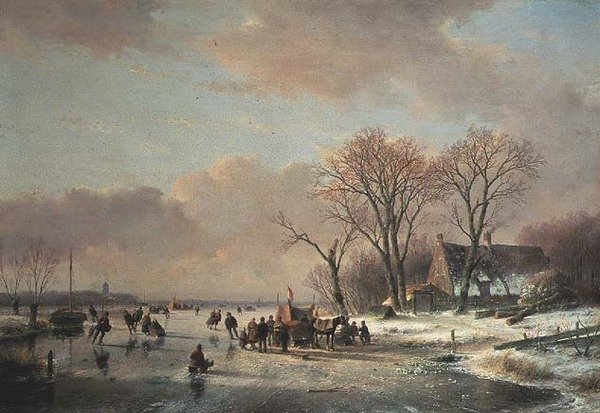 Paysage de rivière en hiver avec de nombreux patineurs - Andreas Schelfhout