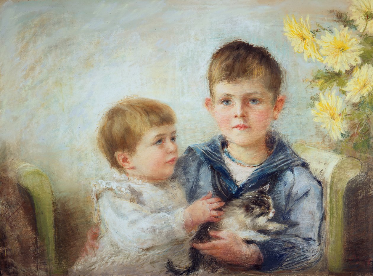 Un garçon et une fille avec un chaton, 1889 - Anna Lea Merritt